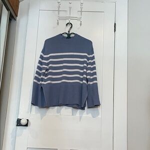 #27, Striped Pullover Sweater in Dusty Blue and White